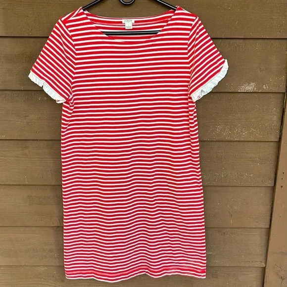 J Crew Factory Sz L Striped Poplin Trimmed Dress Red White J0862 - Picture 1 of 5